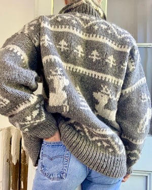 VINTAGE Handknit Chunky Wool Fair Isle Oatmeal Cardigan Jacket