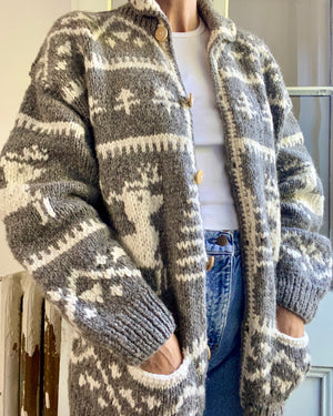 VINTAGE Handknit Chunky Wool Fair Isle Oatmeal Cardigan Jacket