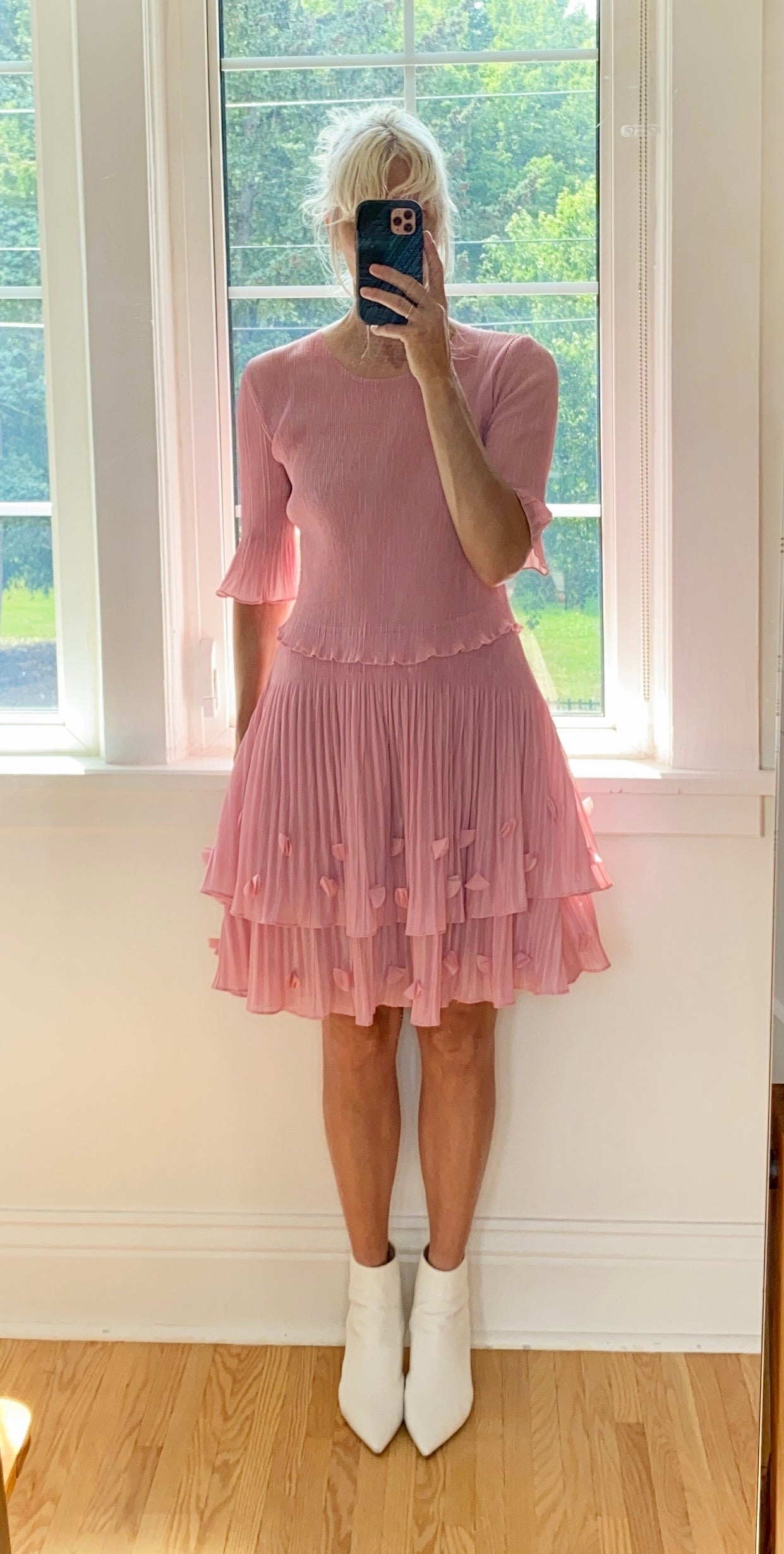 VINTAGE Pleated Pink Tiered Flutter Dress