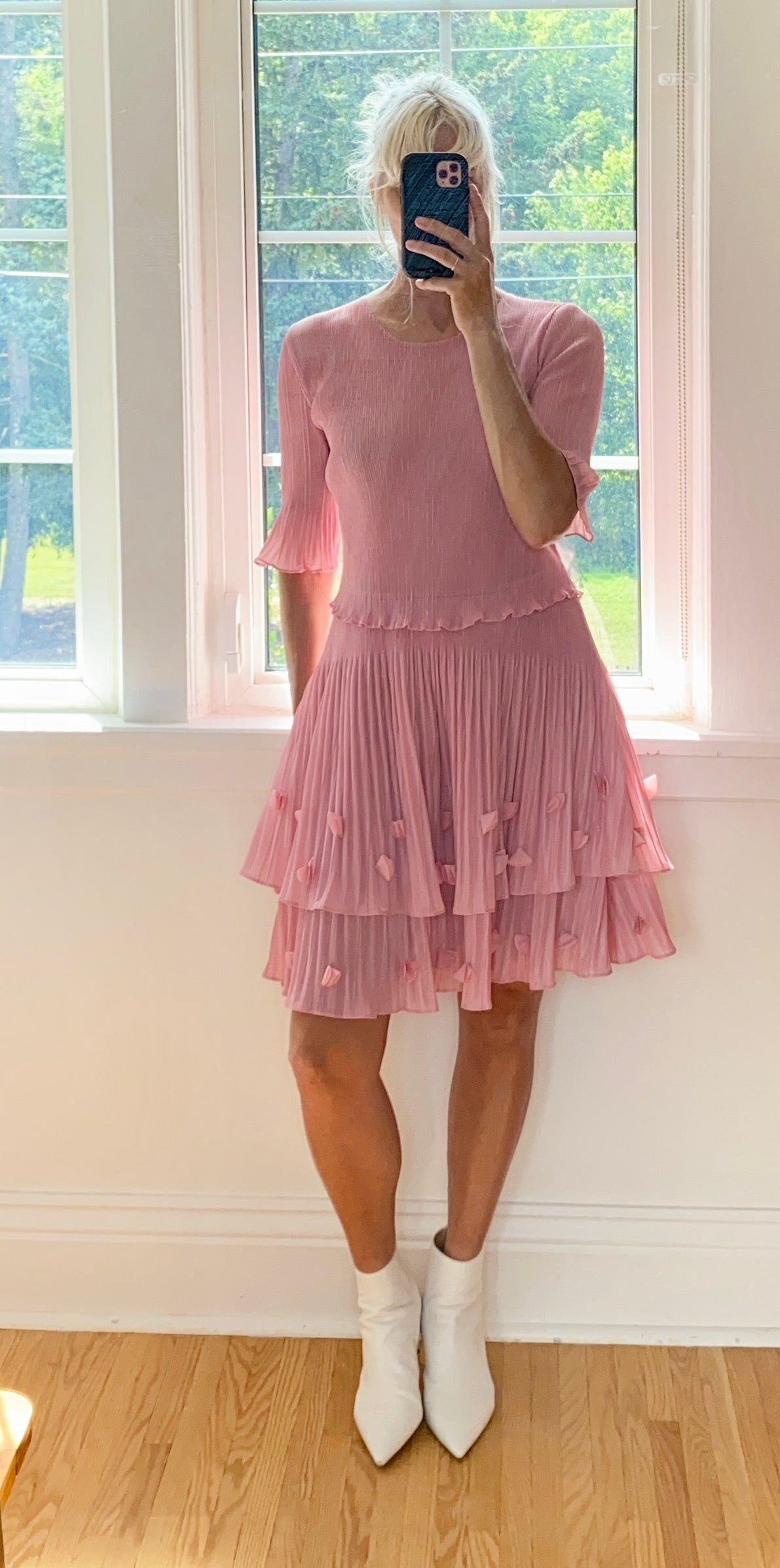 VINTAGE Pleated Pink Tiered Flutter Dress