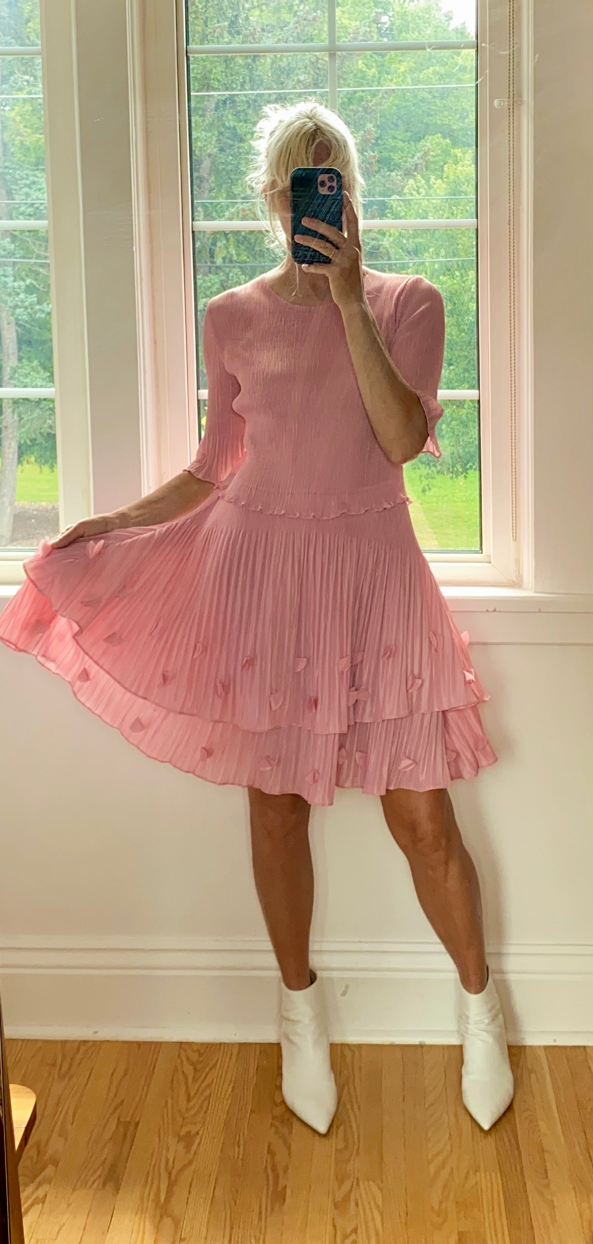 VINTAGE Pleated Pink Tiered Flutter Dress