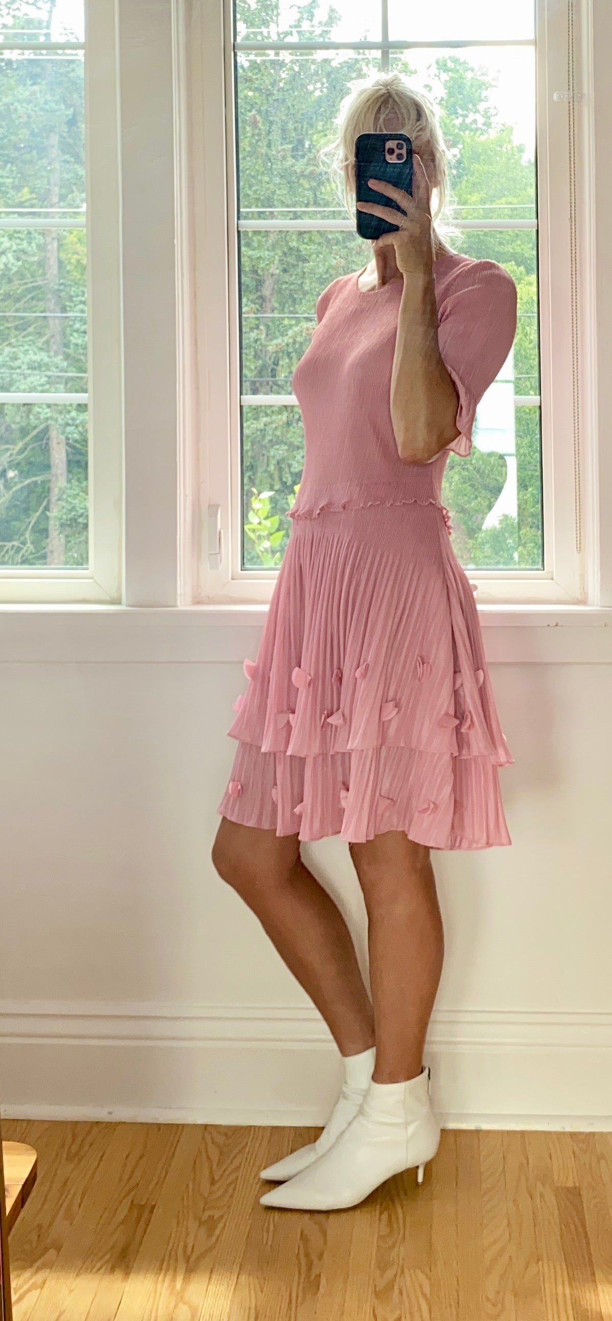 VINTAGE Pleated Pink Tiered Flutter Dress