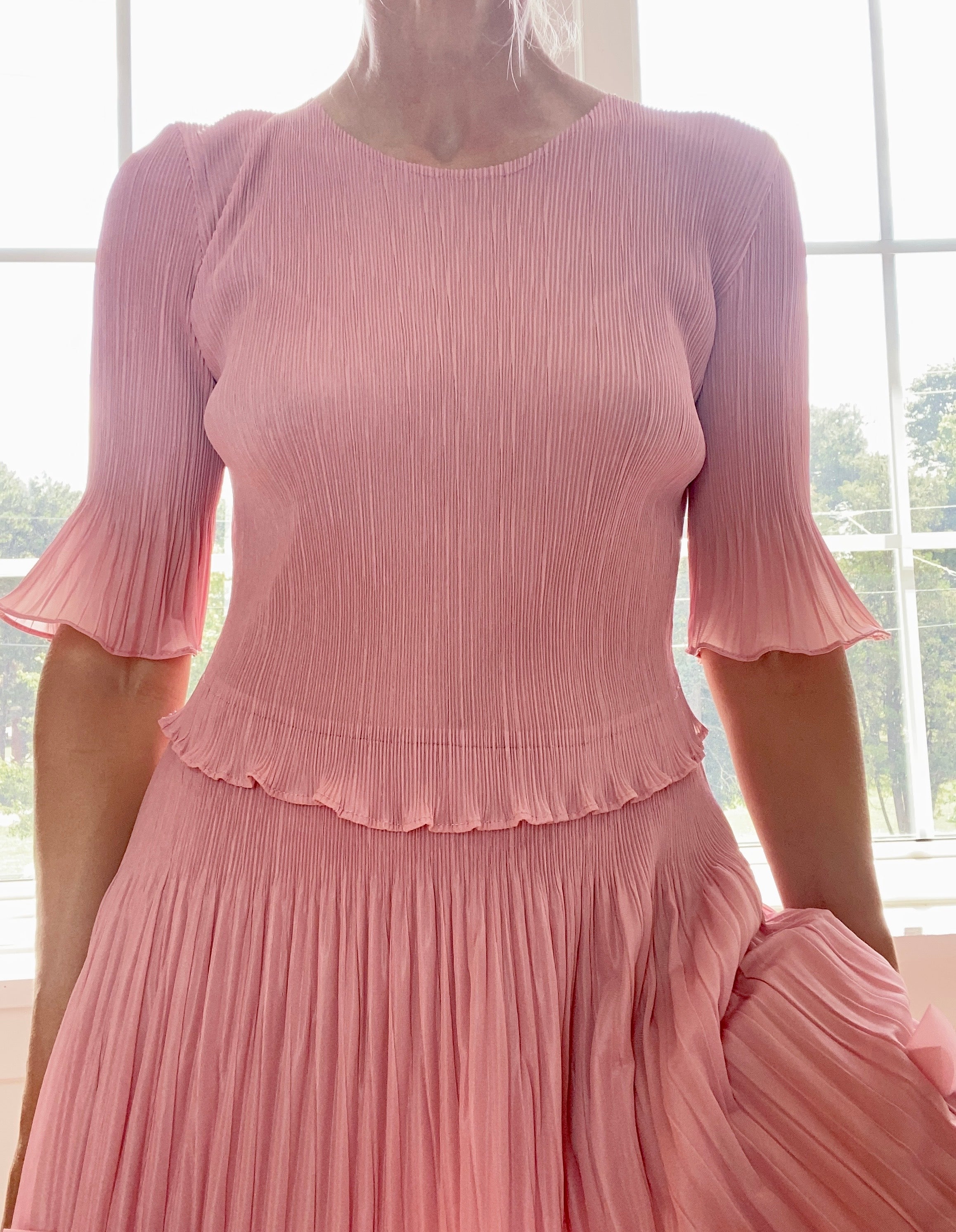 VINTAGE Pleated Pink Tiered Flutter Dress