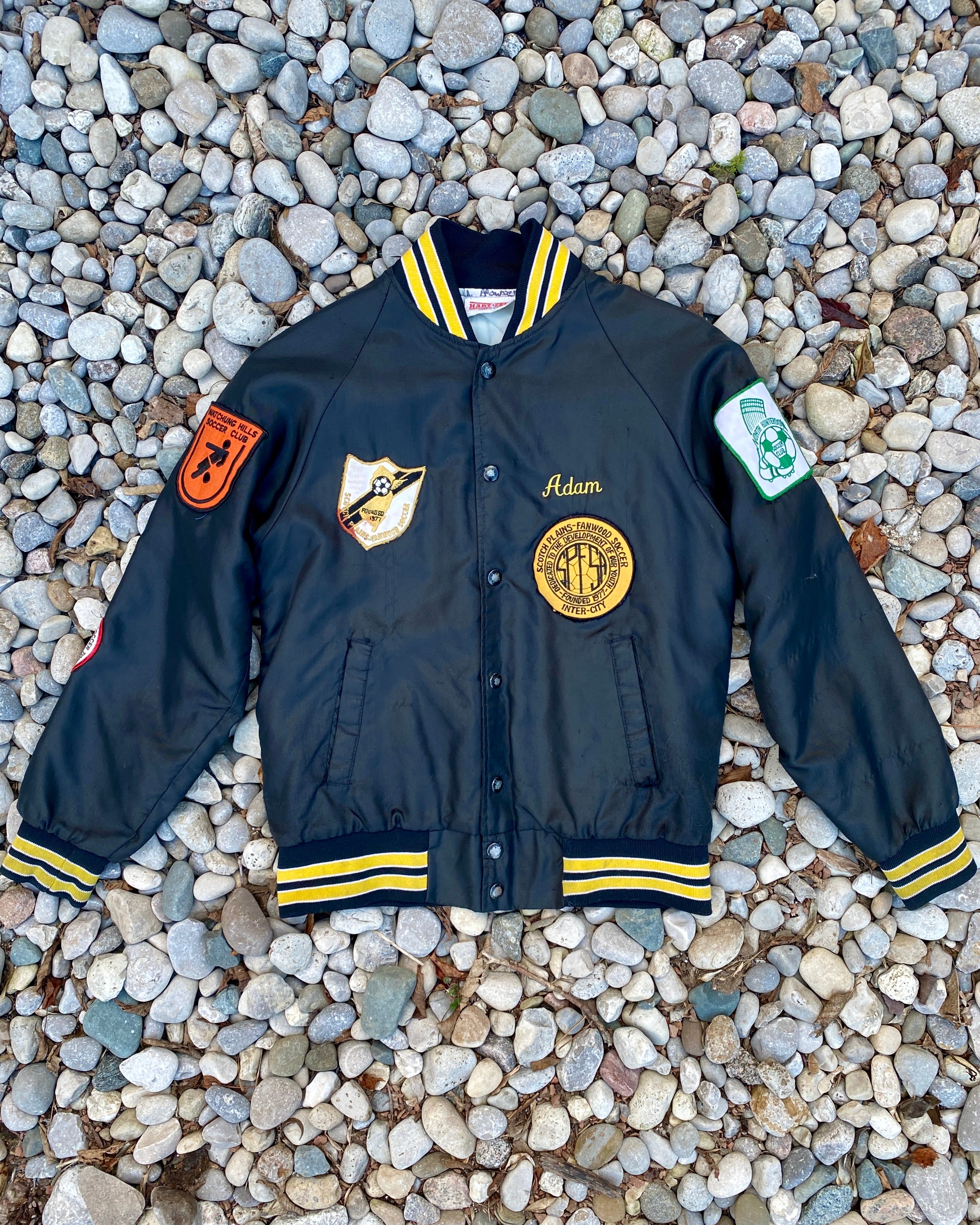 Vintage New Jersey 1980s 1990s Hartwell Black Satin Bomber Sportswear Soccer Jacket With Embroidered Patches USA