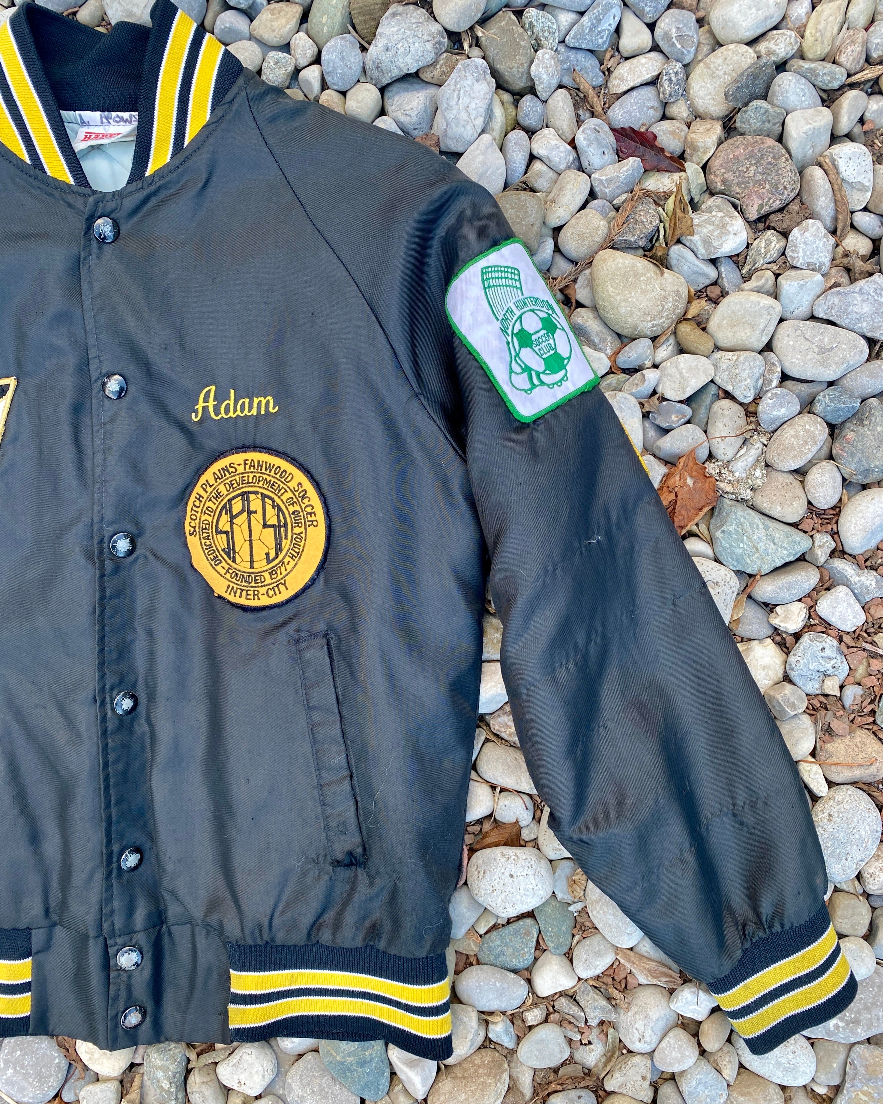 Vintage New Jersey 1980s 1990s Hartwell Black Satin Bomber Sportswear Soccer Jacket With Embroidered Patches USA