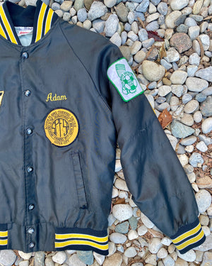 Vintage New Jersey 1980s 1990s Hartwell Black Satin Bomber Sportswear Soccer Jacket With Embroidered Patches USA