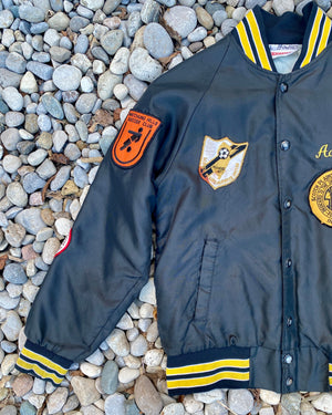 Vintage New Jersey 1980s 1990s Hartwell Black Satin Bomber Sportswear Soccer Jacket With Embroidered Patches USA
