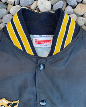 Vintage New Jersey 1980s 1990s Hartwell Black Satin Bomber Sportswear Soccer Jacket With Embroidered Patches USA