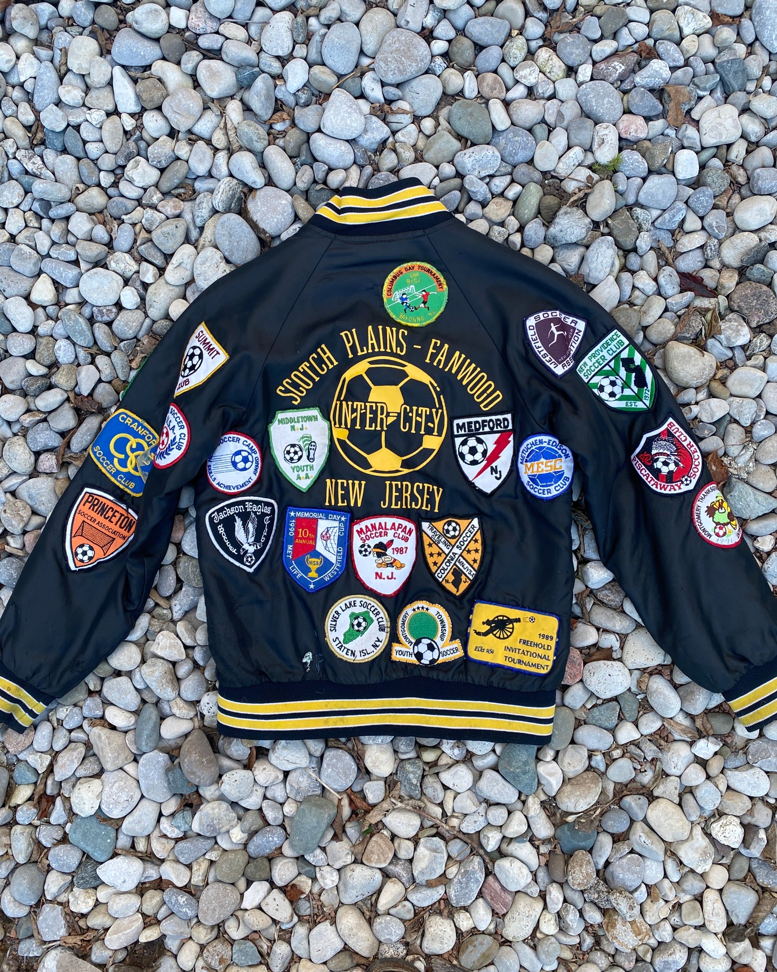 Vintage New Jersey 1980s 1990s Hartwell Black Satin Bomber Sportswear Soccer Jacket With Embroidered Patches USA