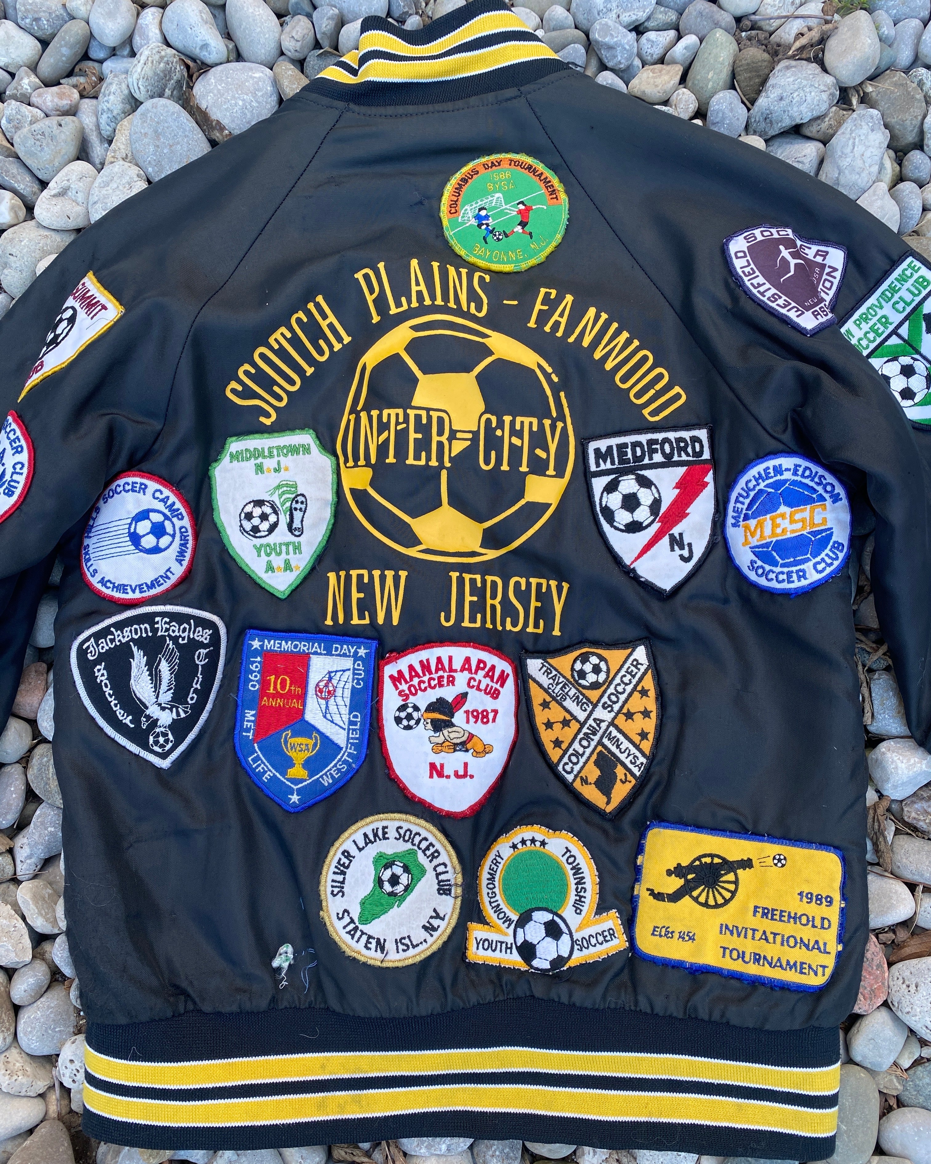 Vintage New Jersey 1980s 1990s Hartwell Black Satin Bomber Sportswear Soccer Jacket With Embroidered Patches USA
