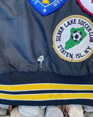 Vintage New Jersey 1980s 1990s Hartwell Black Satin Bomber Sportswear Soccer Jacket With Embroidered Patches USA