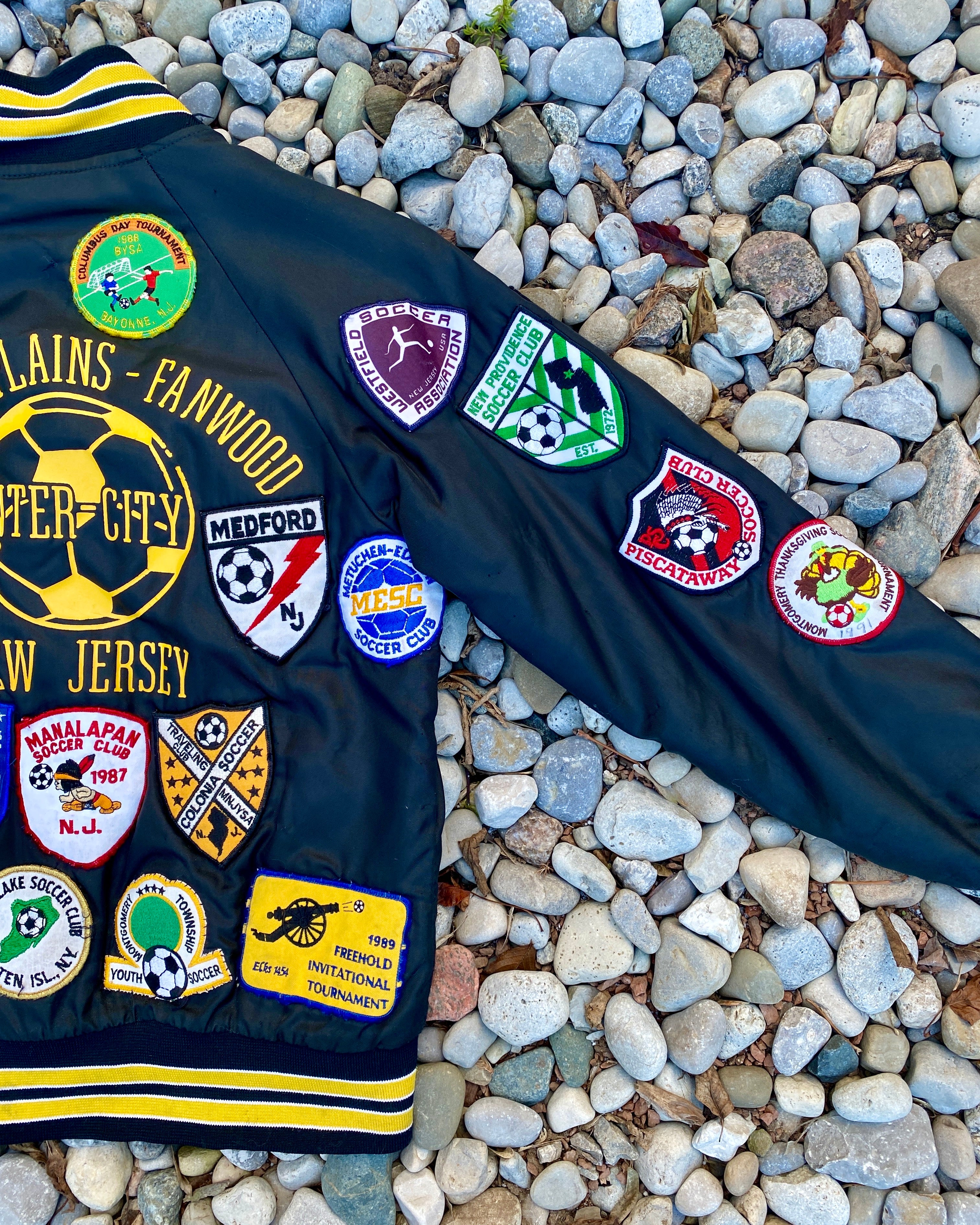 Vintage New Jersey 1980s 1990s Hartwell Black Satin Bomber Sportswear Soccer Jacket With Embroidered Patches USA