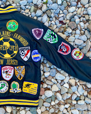 Vintage New Jersey 1980s 1990s Hartwell Black Satin Bomber Sportswear Soccer Jacket With Embroidered Patches USA