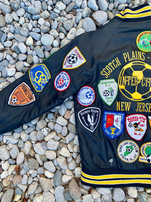 Vintage New Jersey 1980s 1990s Hartwell Black Satin Bomber Sportswear Soccer Jacket With Embroidered Patches USA