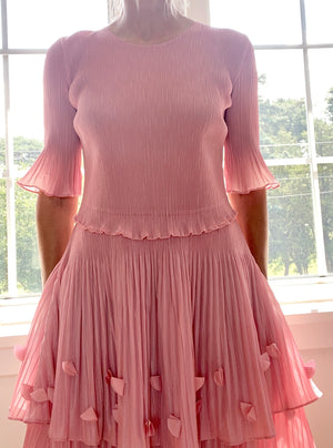 VINTAGE Pleated Pink Tiered Flutter Dress