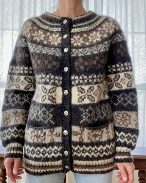 Vintage All Over Fair Isle Shetland Style Hand knit Wool Sweater in Earth tones M to L