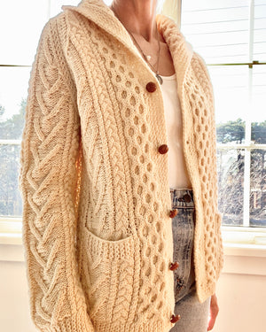 VINTAGE Fisherman Shawl Collar Cable Wool Cream Cardigan