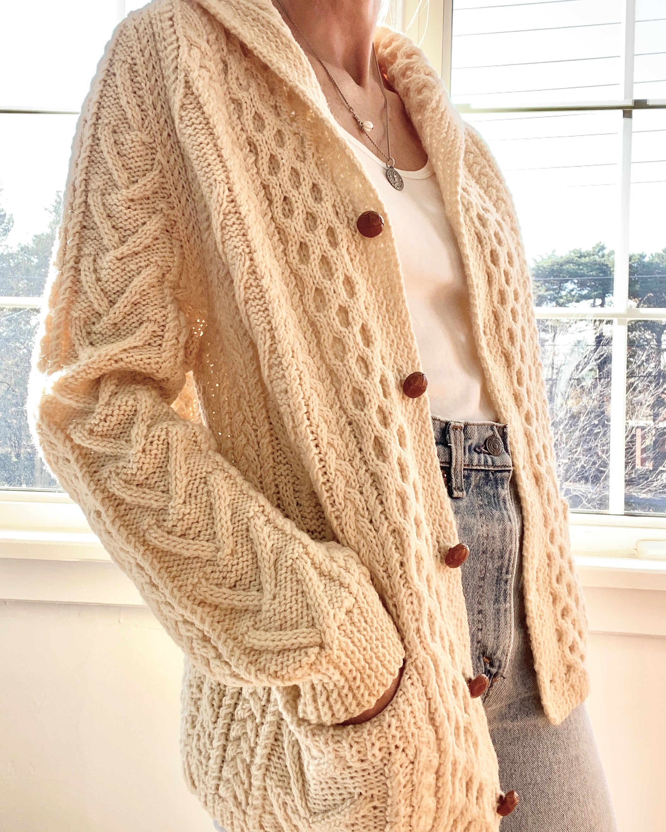VINTAGE Fisherman Shawl Collar Cable Wool Cream Cardigan