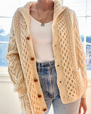 VINTAGE Fisherman Shawl Collar Cable Wool Cream Cardigan