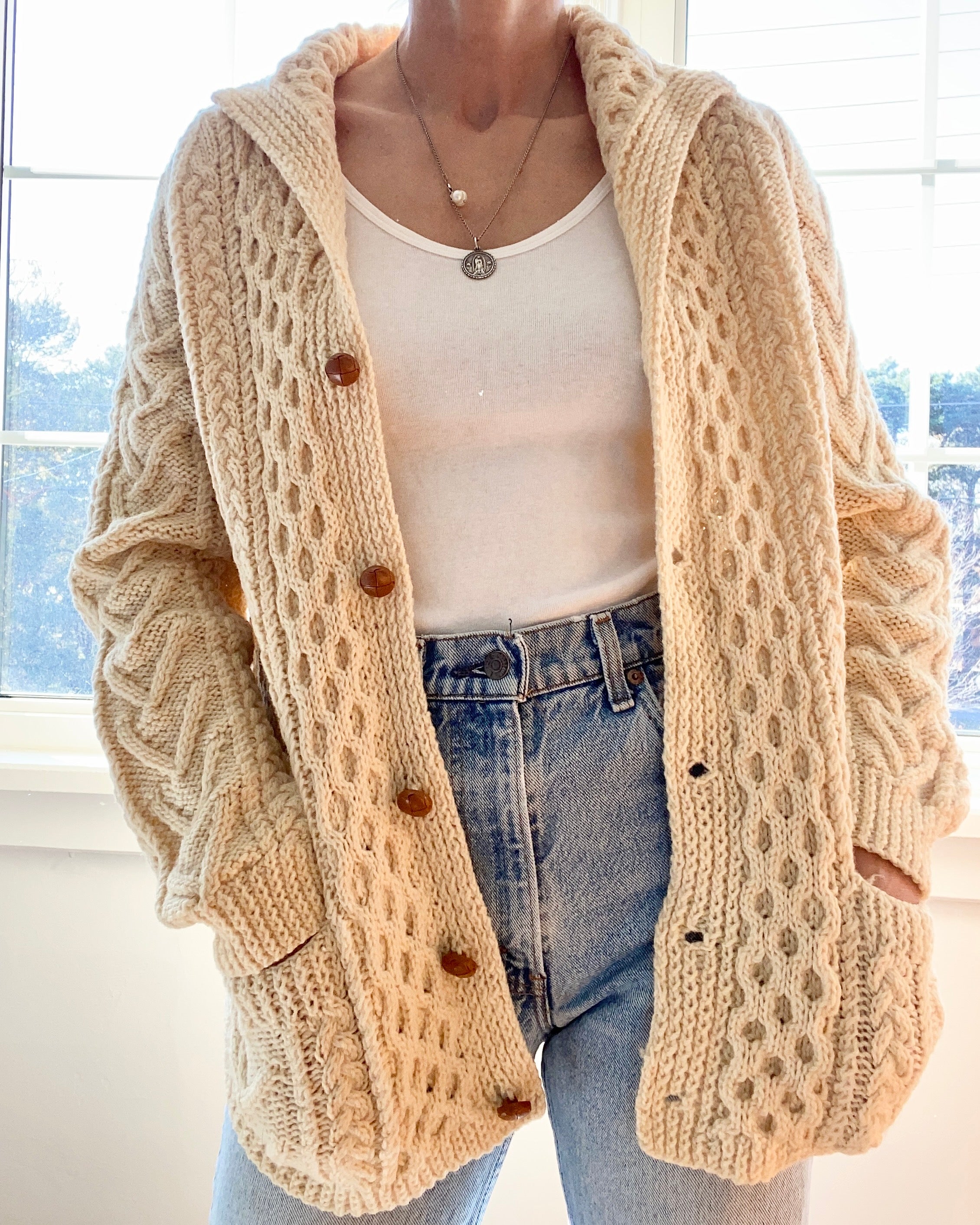 VINTAGE Fisherman Shawl Collar Cable Wool Cream Cardigan