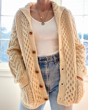 VINTAGE Fisherman Shawl Collar Cable Wool Cream Cardigan