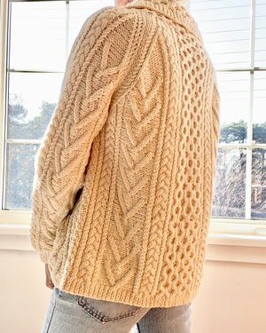 VINTAGE Fisherman Shawl Collar Cable Wool Cream Cardigan