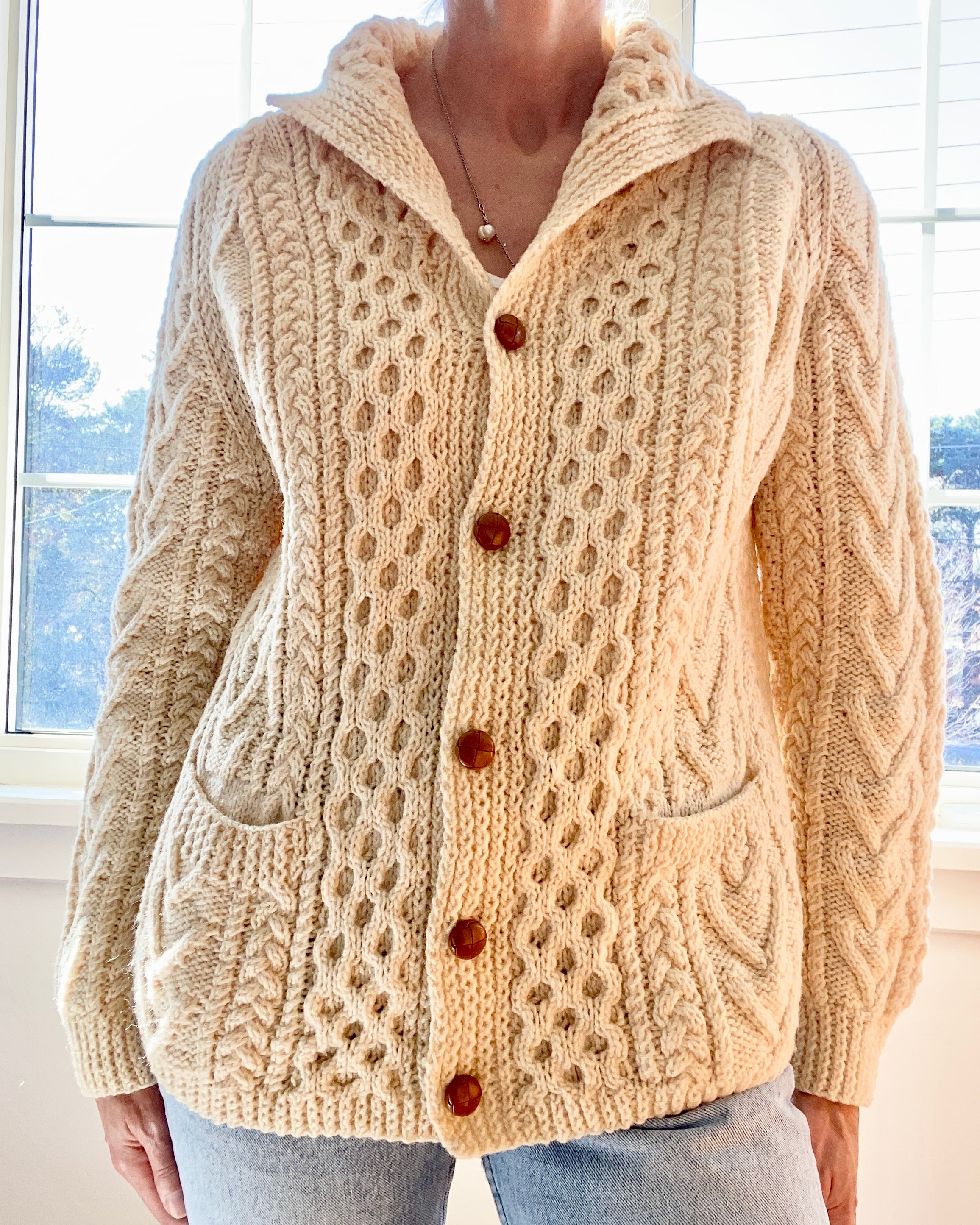 VINTAGE Fisherman Shawl Collar Cable Wool Cream Cardigan