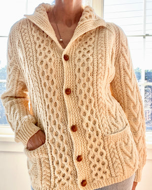 VINTAGE Fisherman Shawl Collar Cable Wool Cream Cardigan
