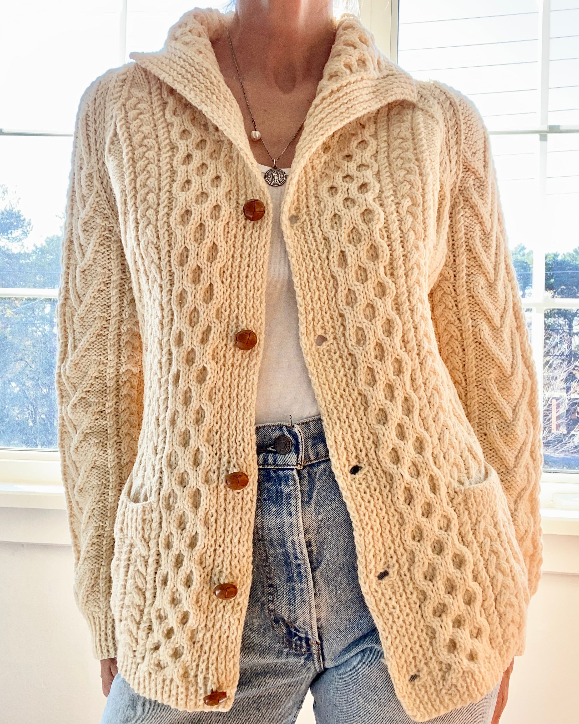 VINTAGE Fisherman Shawl Collar Cable Wool Cream Cardigan