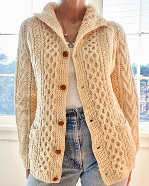 VINTAGE Fisherman Shawl Collar Cable Wool Cream Cardigan