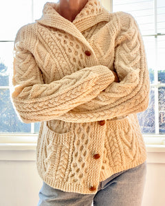 VINTAGE Fisherman Shawl Collar Cable Wool Cream Cardigan