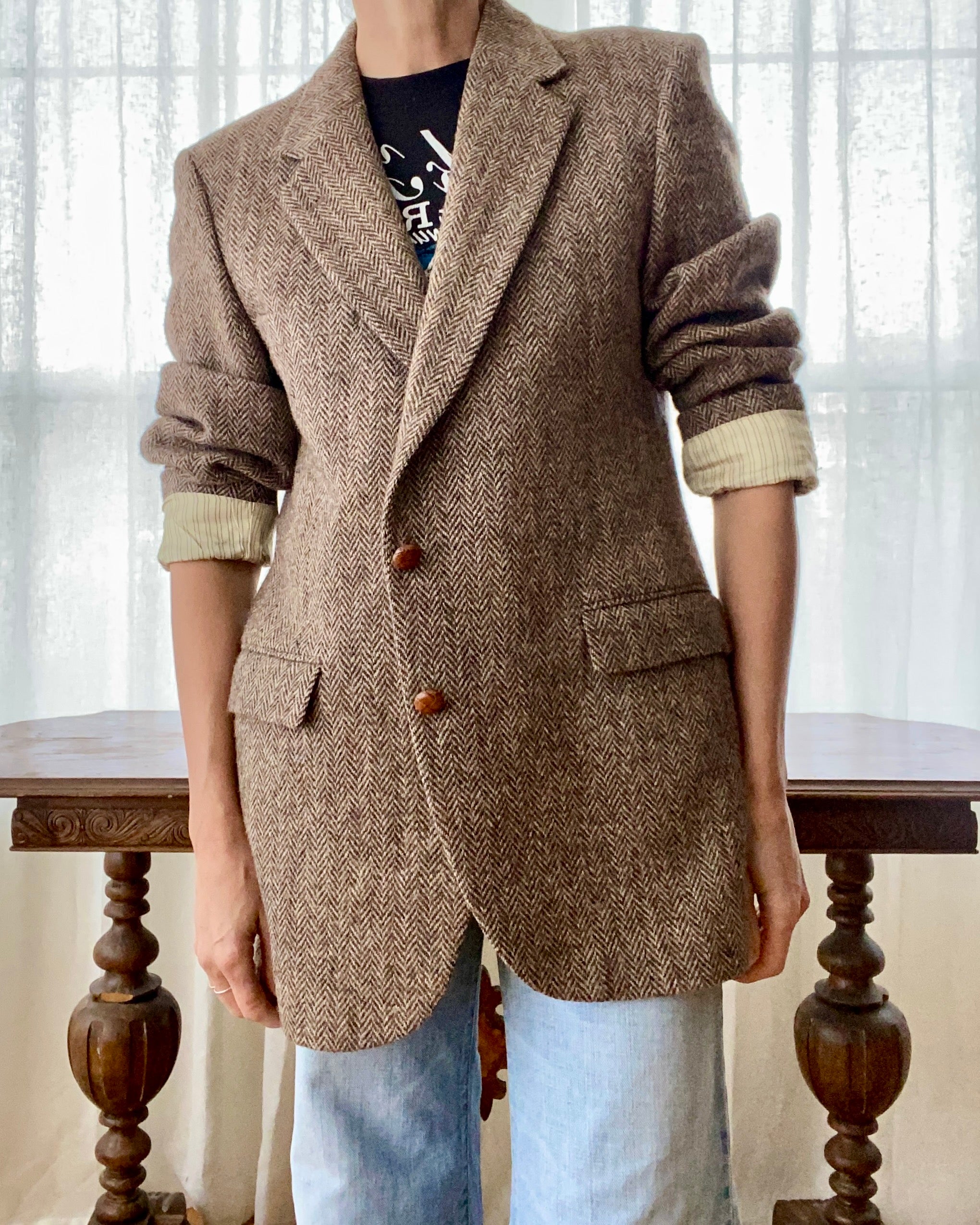 Vintage Harris Tweed Brown Herringbone Blazer Jacket