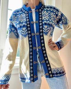 Vintage NORWEAR Blue Fair Isle Wool Norwegian Cardigan M or L