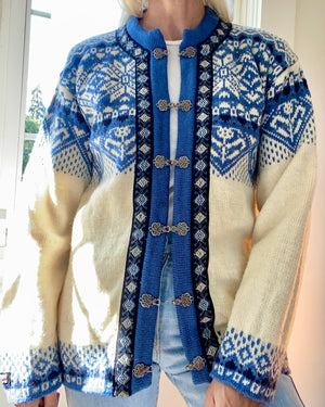Vintage NORWEAR Blue Fair Isle Wool Norwegian Cardigan M or L
