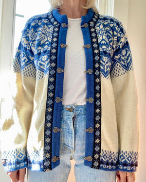 Vintage NORWEAR Blue Fair Isle Wool Norwegian Cardigan M or L