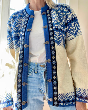 Vintage NORWEAR Blue Fair Isle Wool Norwegian Cardigan M or L