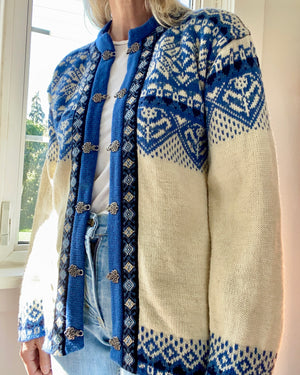 Vintage NORWEAR Blue Fair Isle Wool Norwegian Cardigan M or L