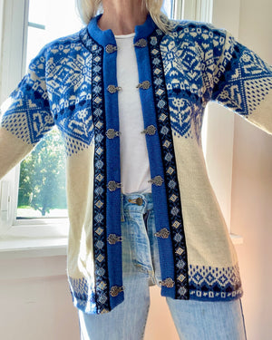 Vintage NORWEAR Blue Fair Isle Wool Norwegian Cardigan M or L