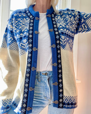 Vintage NORWEAR Blue Fair Isle Wool Norwegian Cardigan M or L