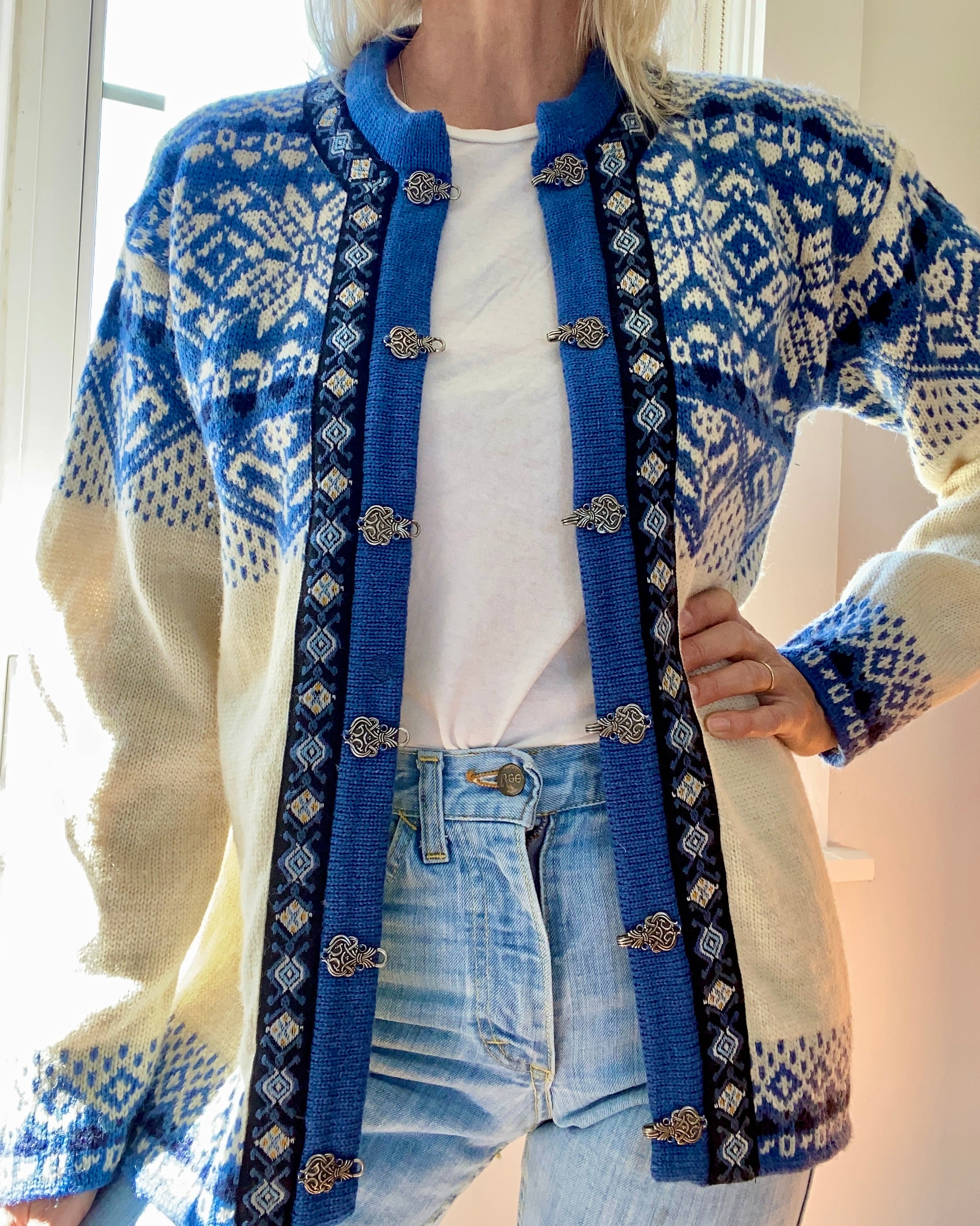 Vintage NORWEAR Blue Fair Isle Wool Norwegian Cardigan M or L