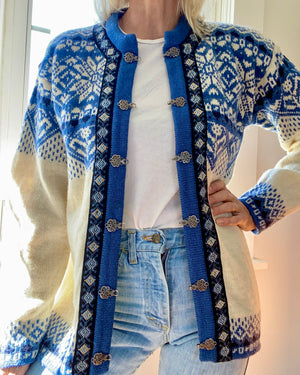Vintage NORWEAR Blue Fair Isle Wool Norwegian Cardigan M or L