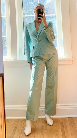 Vintage 1990s MAX MARA Mint Green Twill Silk Pant Suit Made in Italy 42 6 8 M