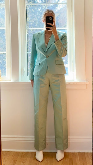 Vintage 1990s MAX MARA Mint Green Twill Silk Pant Suit Made in Italy 42 6 8 M