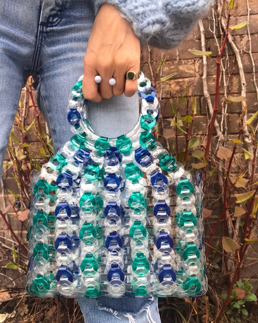 EE Handcrafted Products Large Square Vinyl Handbag Blue & Green Stripe