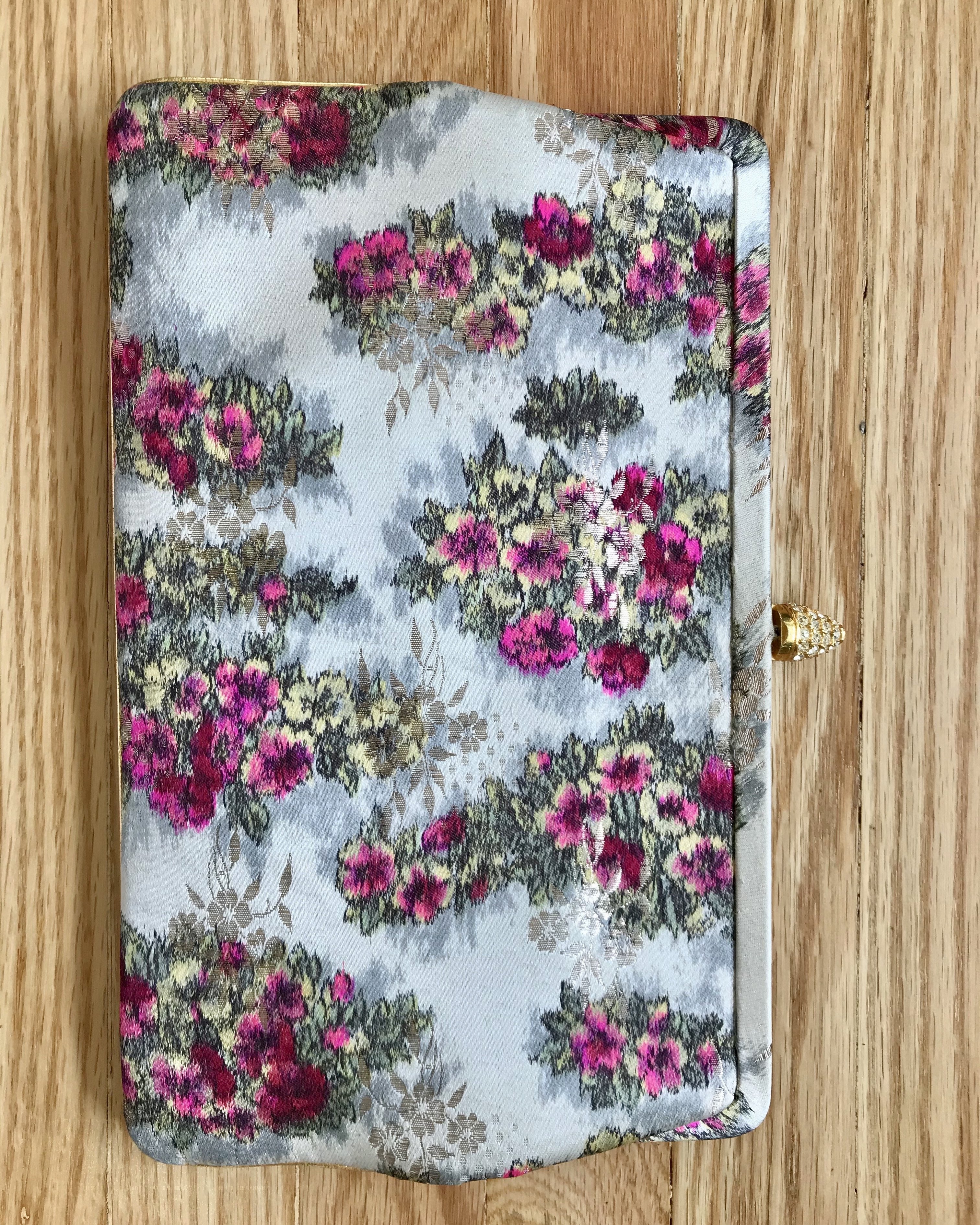 Vintage Clutch with Silk Taffeta Rose Print 1950's