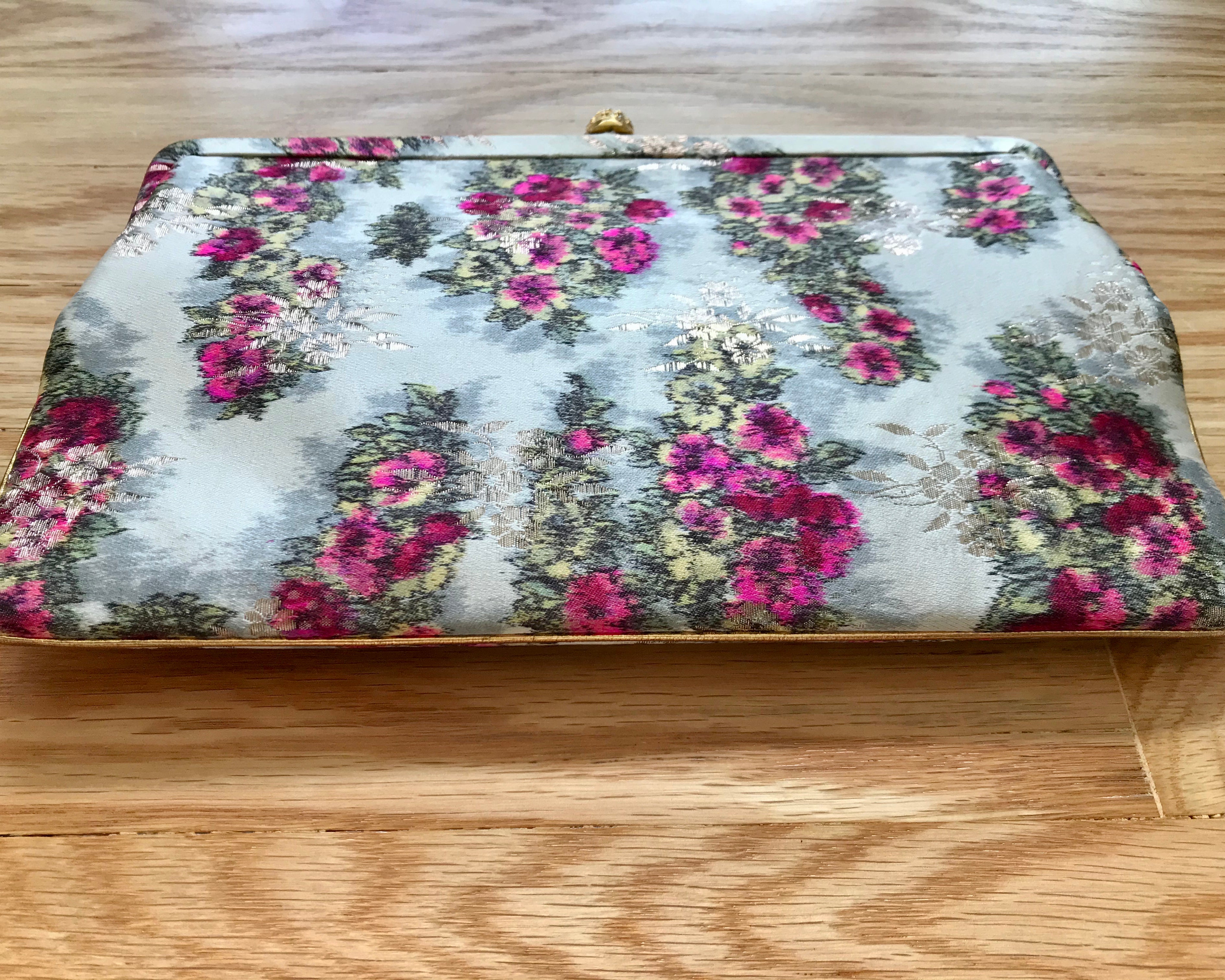 Vintage Clutch with Silk Taffeta Rose Print 1950's