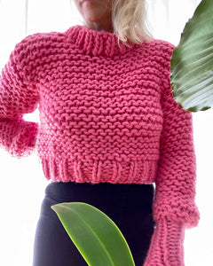 BOZIDARA Hand Knit Barbie Hot Pink Mock Neck Sweater