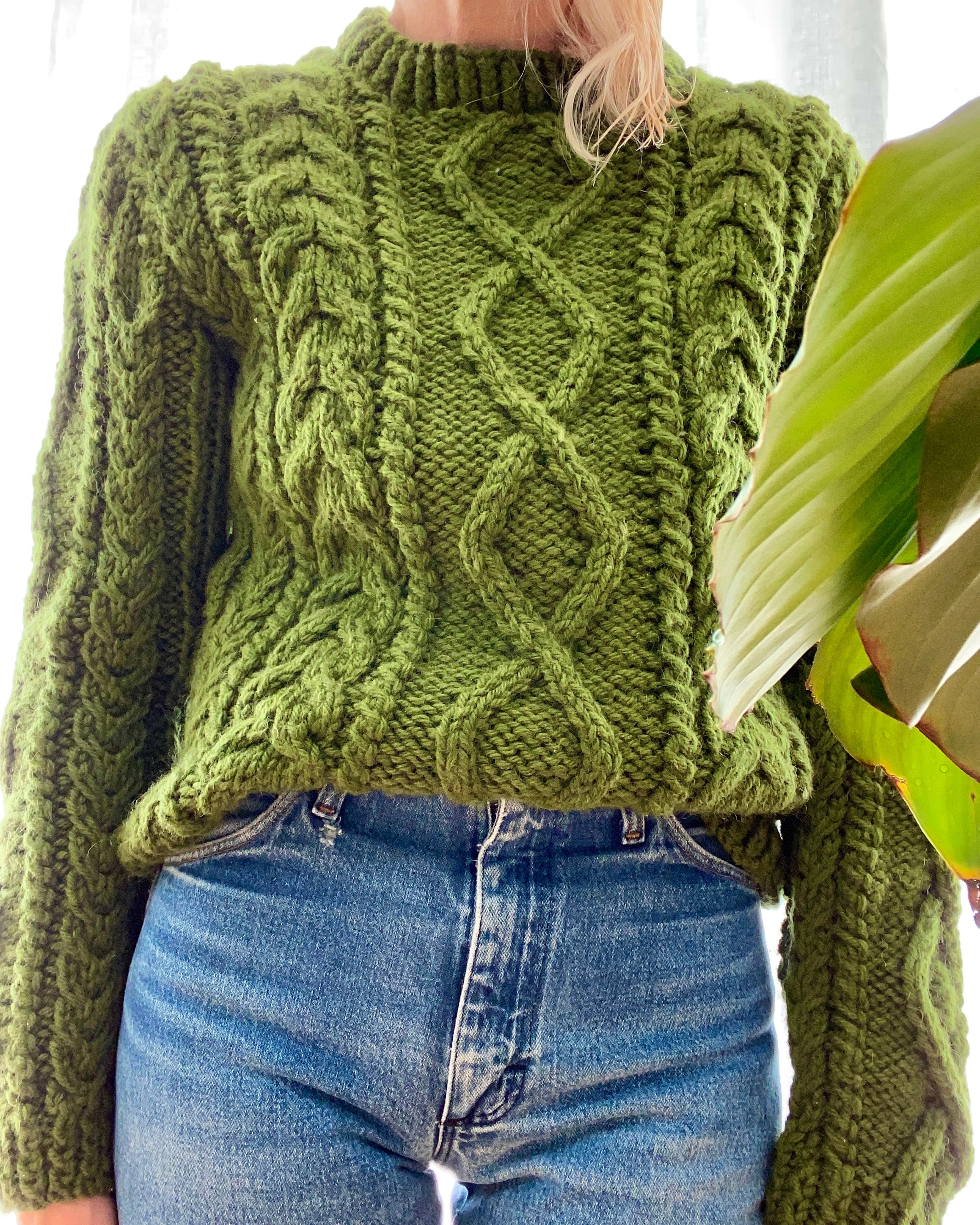 VINTAGE Hand Knit Wool Green Cable Sweater
