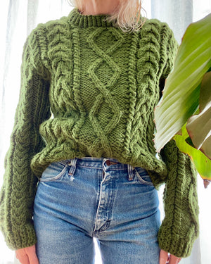 VINTAGE Hand Knit Wool Green Cable Sweater