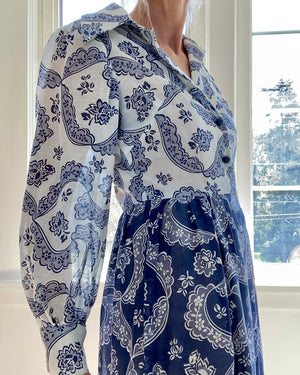 VINTAGE 1970s Blue and White Tea Cup Print Dress